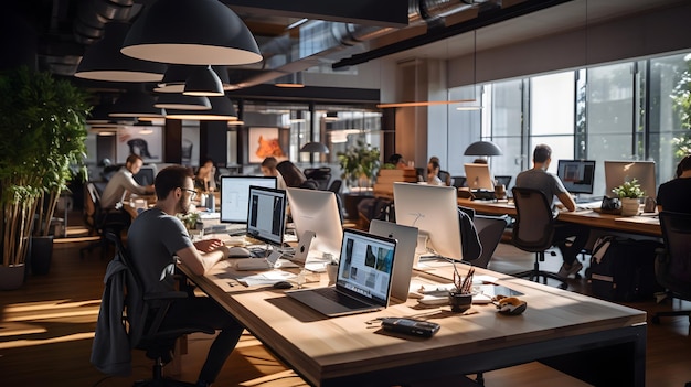 Photo a group of people sit at a desk with computers and one of them has a laptop on it