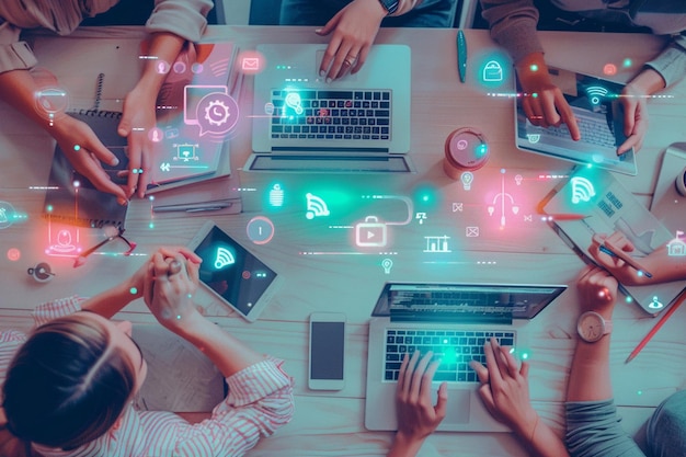 a group of people sit at a desk with laptops and the word  x  on the screen