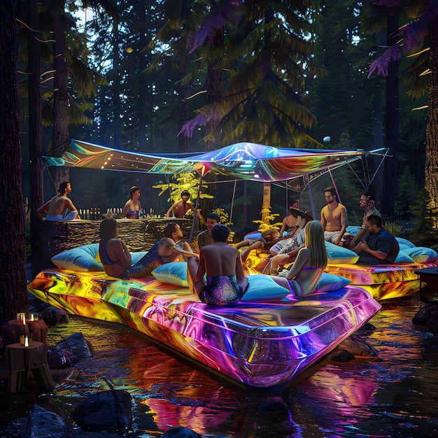 a group of people sit in a forest with a colorful boat