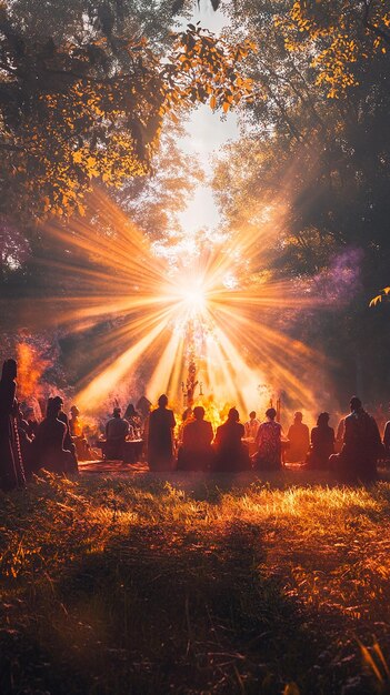 Photo a group of people sit in front of a fire with the sun shining through the trees