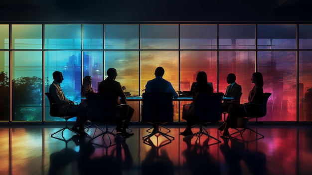 a group of people sit in front of a window with a colorful sunset behind them