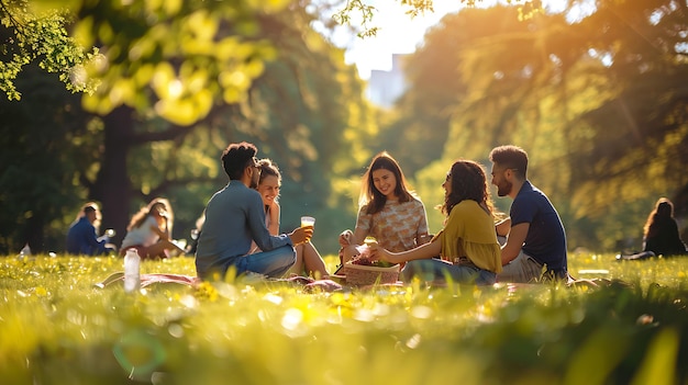 Photo a group of people sit on the grass and talk