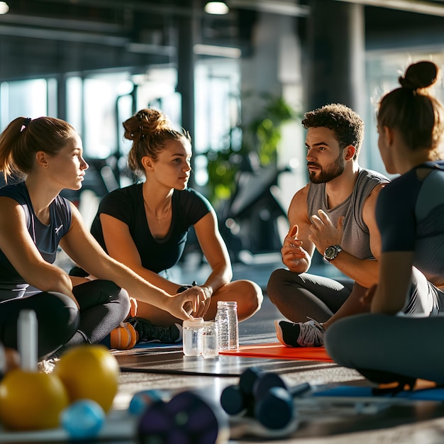 a group of people sit on a mat in a gym with a man wearing a shirt that says quot gym quot