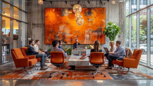 Photo a group of people sit in a room with a painting on the wall