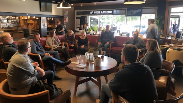 A group of people sit in a room with a sign that says la blue point.