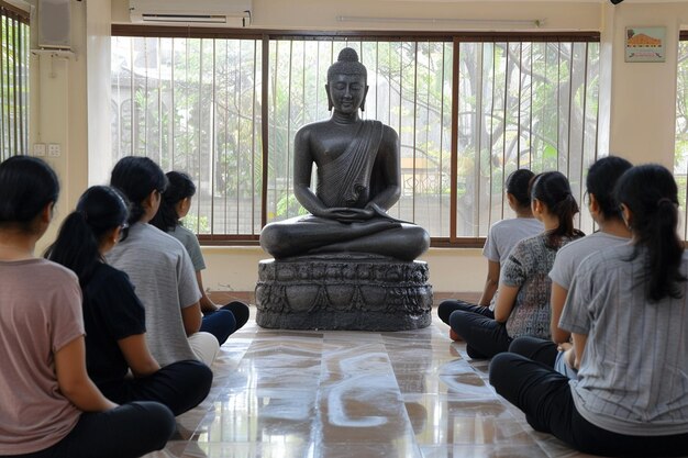 Photo a group of people sit in a room with a statue of buddha