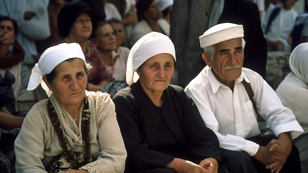 A group of people sit in a row, one of them has a white hat on.