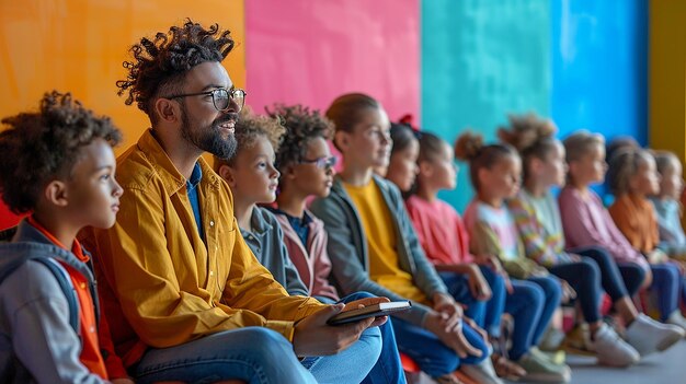 Photo a group of people sit in a row with a man wearing a yellow jacket and glasses