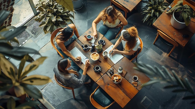 a group of people sit at a table and eat food