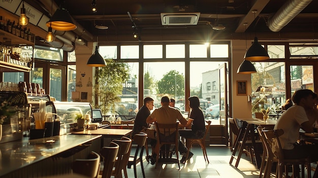 Photo a group of people sit at a table in a restaurant