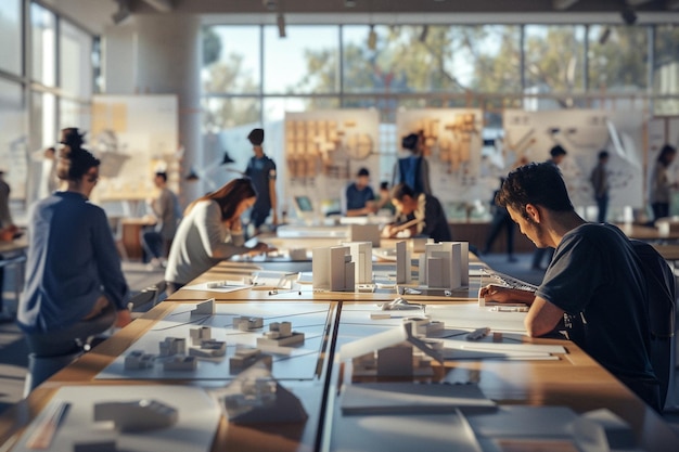 a group of people sit at a table in a room with a large window in the background