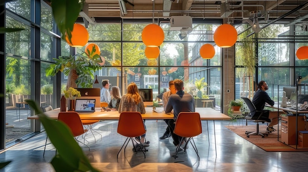 Photo a group of people sit at a table in a room with a plant in the corner