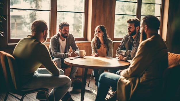 a group of people sit at a table and talk