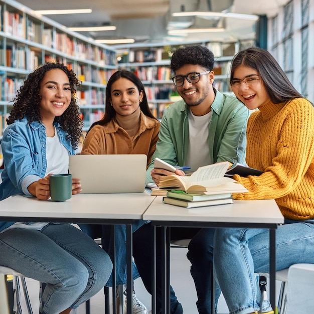 a group of people sit at a table with books and a laptop