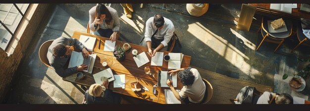 Photo a group of people sit at a table with books and one reading a book