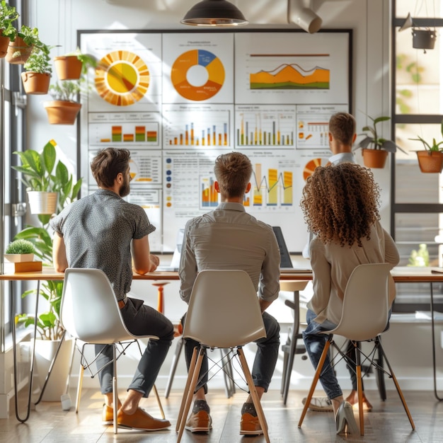 a group of people sit at a table with a chart that says  graph