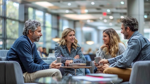 Photo a group of people sit at a table with coffee cups and a sign that says quot people quot