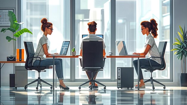 a group of people sit at a table with computers and monitors