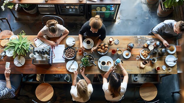 a group of people sit at a table with food and drinks