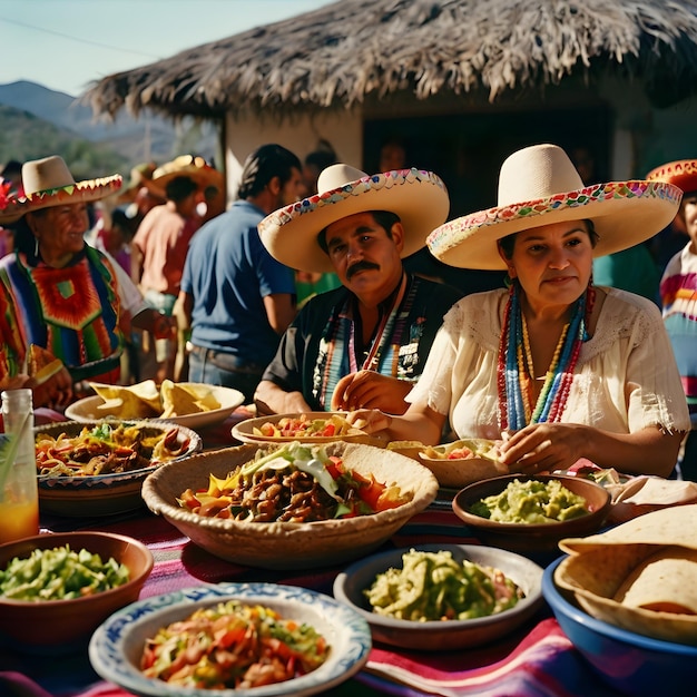 a group of people sit at a table with food and drinks