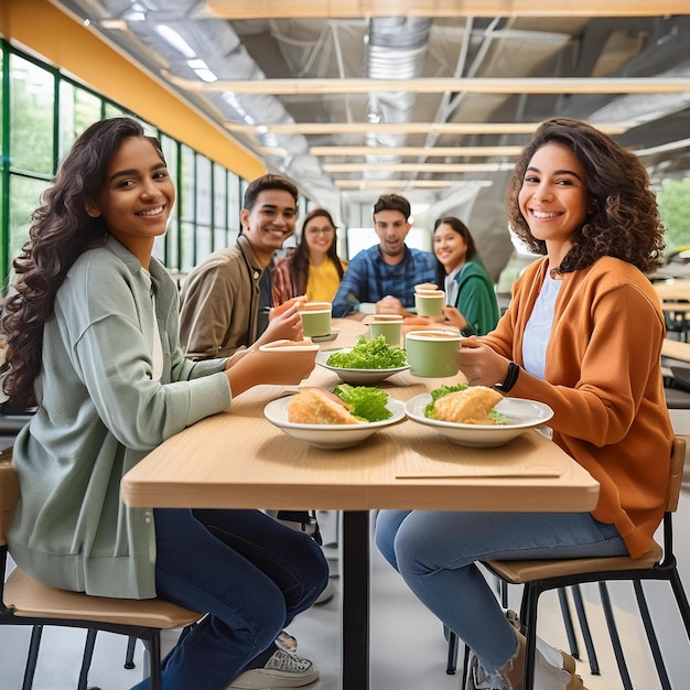 a group of people sit at a table with food and drinks