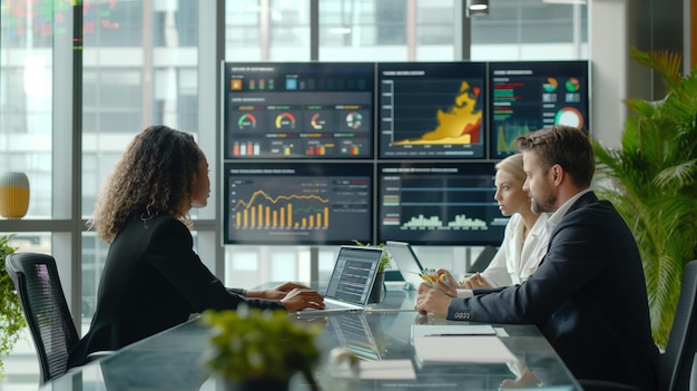 A group of people sit at a table with a graph showing the word graph