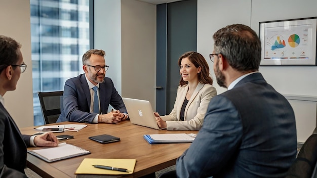 a group of people sit at a table with a laptop and a man in a suit with the word  on it