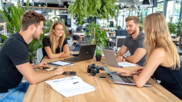 Photo a group of people sit at a table with laptops and a camera