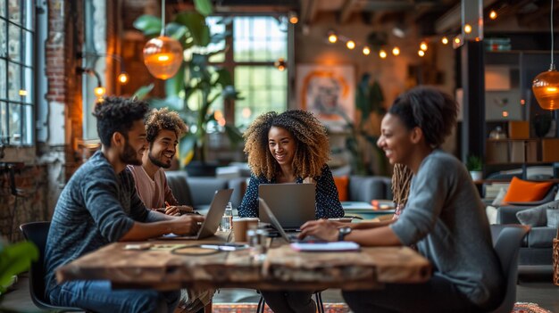 a group of people sit at a table with laptops and a picture of a man on the laptop