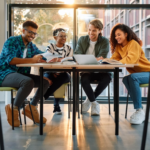 a group of people sit at a table with one reading a book