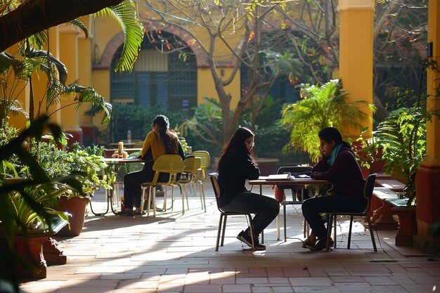 Photo a group of people sit at a table with a plant in the background