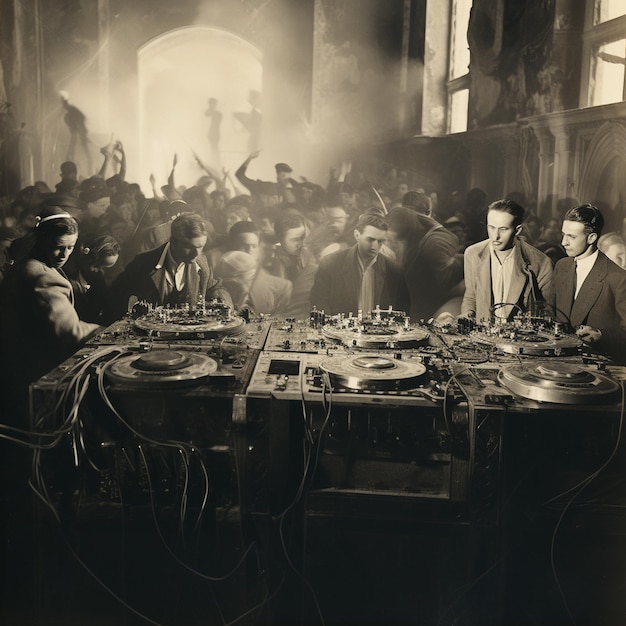 a group of people sit at a table with a record player on it.