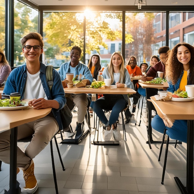 a group of people sit at tables with food and drinks