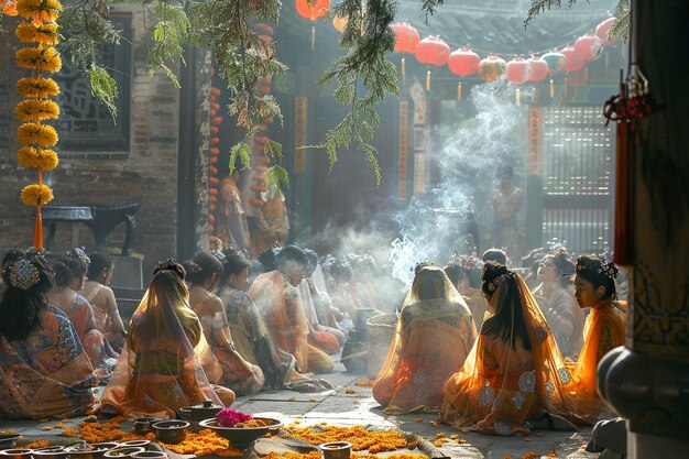 Photo a group of people sit in a temple with smoke coming out of them