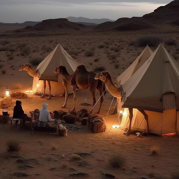 A group of people sit in a tent in the desert, with a lit lantern in the foreground.