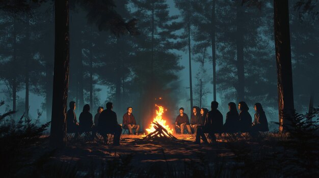 Photo a group of people sitting around a campfire in a dark forest at night