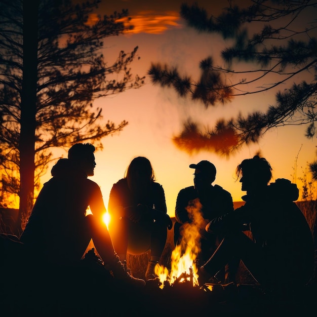 Group of people sitting around campfire at sunset Generative AI