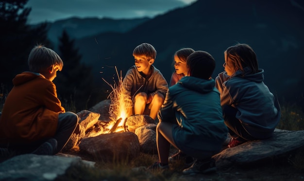 A group of people sitting around a campfire