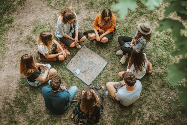 Photo a group of people sitting around a map and looking at a map