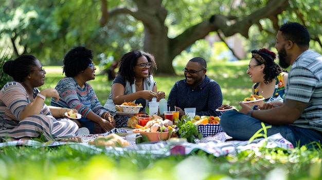 a group of people sitting around a picnic table with food