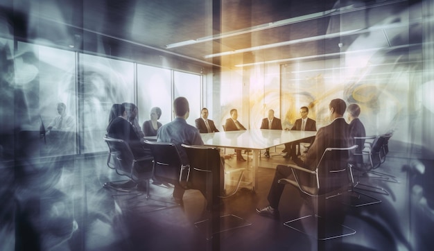 A group of people sitting around a table in a conference room.