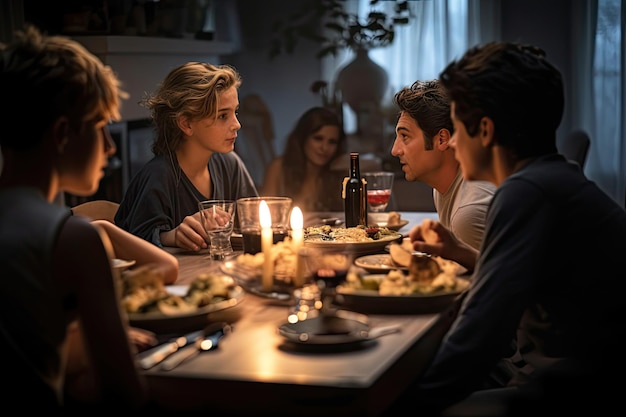 A group of people sitting around a table eating dinner