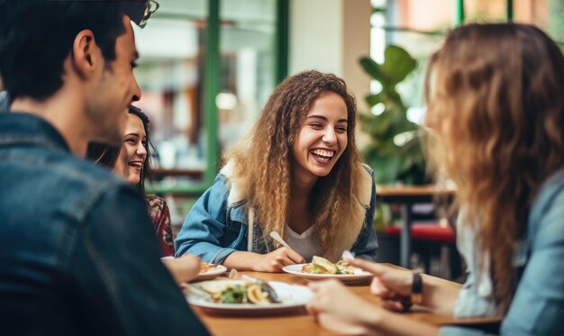 Group of People Sitting Around Table Eating Food