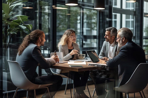 A group of people sitting around a table talking