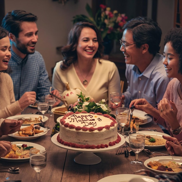 a group of people sitting around a table with a cake that says happy birthday