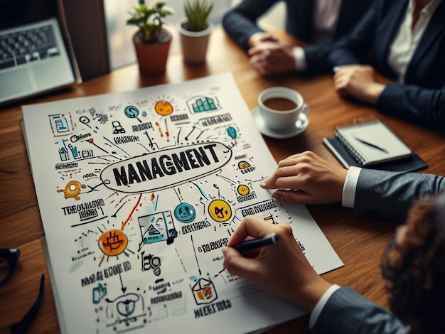 a group of people sitting around a table with a chart that says management