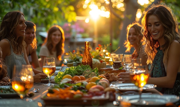 a group of people sitting around a table with food and drinks