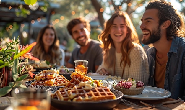 a group of people sitting around a table with food on it