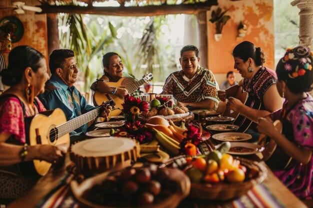 A group of people sitting around a table with food