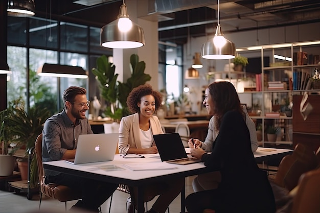 a group of people sitting around a table with laptops A team of individuals gathered at a table each with their own laptop in front of them